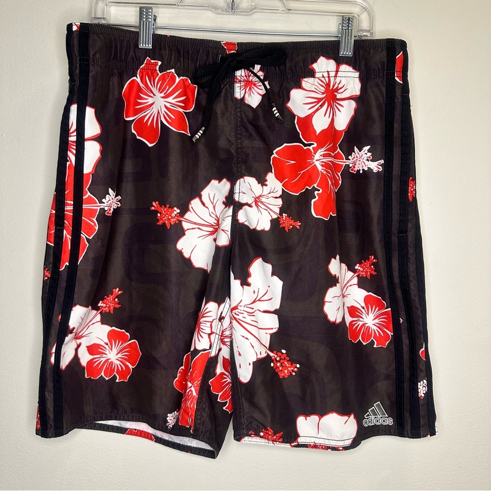 Adidas Hawaiian Hibiscus Tropical Swim Trunks Mens Sz 30 Black Red White Lined